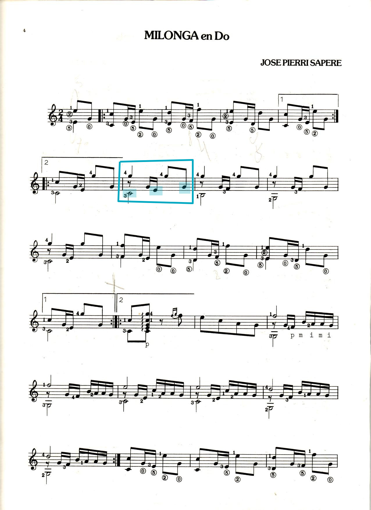 partitura 'Milonga en Do' pagina 1 di José Pierri Sapere